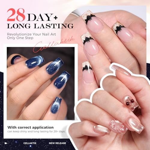 Blue Sparkle Cat Eye Gel Nail Set - No Base or Top Coat Needed, Magnetic Effect