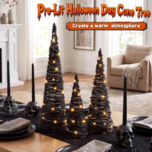 Halloween Rattan Cone Trees Set - Lighted Black Decor for Haunted House, 24/16/12 Inch - Variation: Black / Halloween