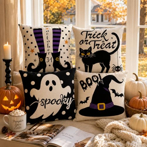 Purple Halloween Pillow Covers 16x16 Set of 4 - Spooky Fall Home Decor
