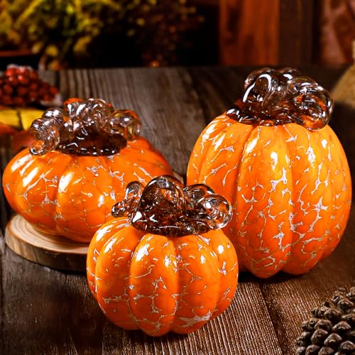 Orange Hand Blown Glass Pumpkin Figurines Set - Fall Harvest Decor, 3 Sizes