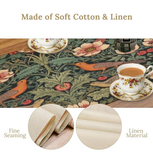 William Morris Table Runner Vintage Rustic Green Floral & Nature Design - 13x90 Inch Style-3