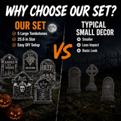 Outdoor Halloween Tombstone Decorations Set - 10 Large Graveyard Headstones for Yard and Lawn Display