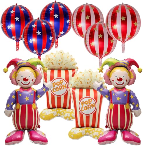 10 Pack Circus Carnival Foil Balloons Set - Pink Purple Yellow Green Red, 47.6 Inch Clown & Popcorn Decor