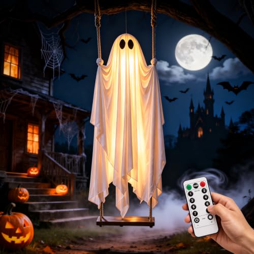 Outdoor Hanging Ghost Decor - 4.3FT Spooky Swing Ghost with LED Lights