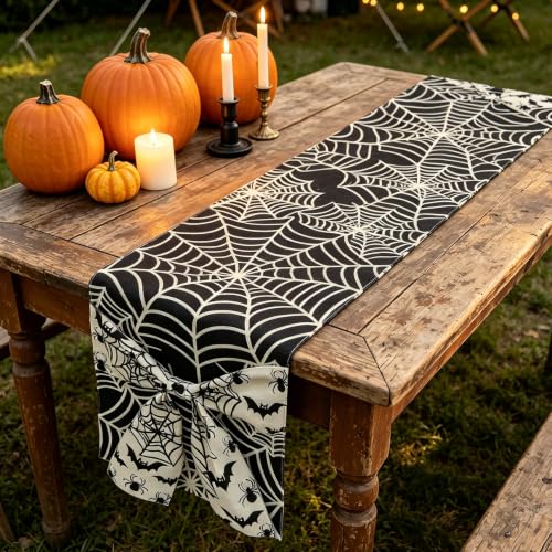 Halloween Spider Web Table Runner with Bow - Design 9, 13x72 Inch, Holiday Decor