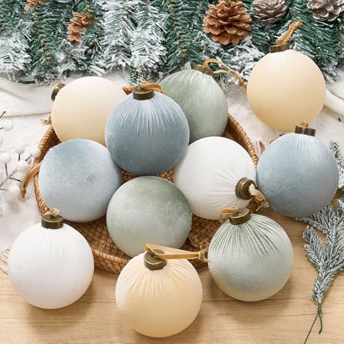 12 Pack Velvet Christmas Ornaments Balls - Large 4 Inch Morandi Flocked Holiday Decor