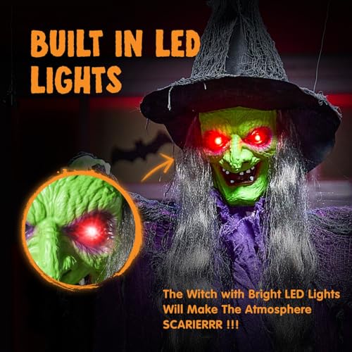 Spellbound Witch Hanging Halloween Decor - 72 Inch Green Face Light-Up Ghost with Sound Activation