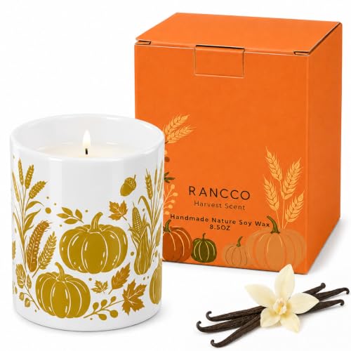 Vanilla Pumpkin Fall Scented Soy Candle in Ceramic Jar with Wood Lid - Autumn Home Decor & Holiday Gift