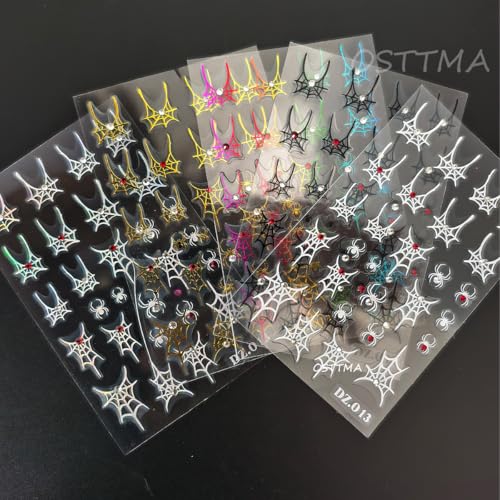 Halloween Nail Stickers with Rhinestones & Spider Web Design - Spiders Variation, 5 Sheets