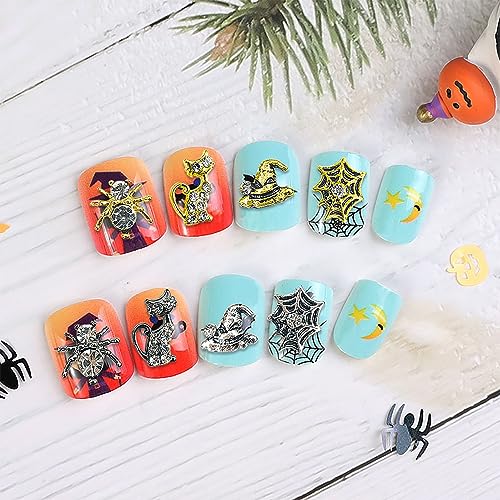 Halloween Nail Charms Kit 40pcs 3D Spider, Cat, Cobweb, Wizard Hat Gold Silver Rhinestones
