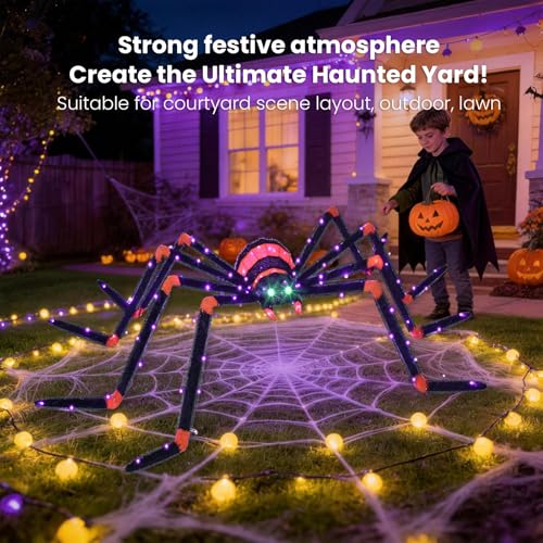6.8 FT Light Up Outdoor Halloween Spider with Green Eyes and 140 LED Lights - Waterproof Yard Decor