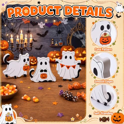 Halloween Cat Ghost Decor Set - Wooden Figurines for Tiered Tray & Tabletop - Pumpkin Variation
