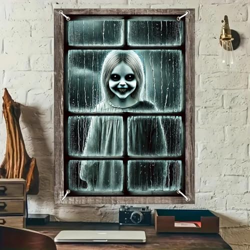 Halloween Ghost Window Cover - Rainy Scene, 31x47 Inch Polyester Decor