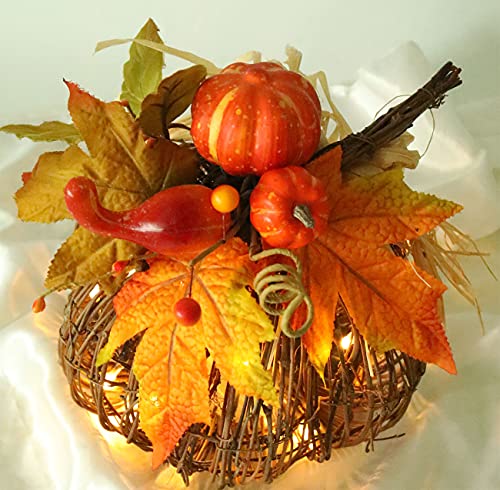 8-Inch Lighted Pumpkin Decor with Maple Leaves and Berries - Fall Table Centerpiece