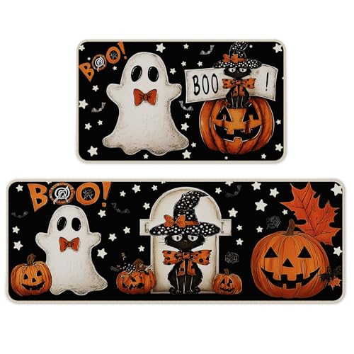 Halloween Kitchen Mat Set of 2 - Black Pumpkin Ghost, 17x29 & 17x47 Inches