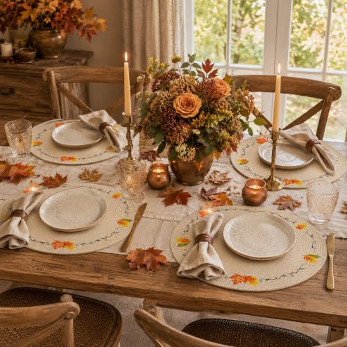 Fall Leaf Embroidered Round Placemats Set of 4 - Yellow & Beige Autumn Decor