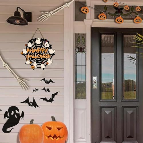 Halloween Ghost Door Sign Wreath - Rustic Wooden Wall Decor for Halloween