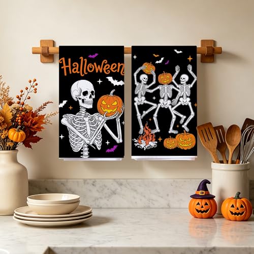 Hexagram Halloween Skeleton Kitchen Towels - Black 18x28 Inch Set of 2
