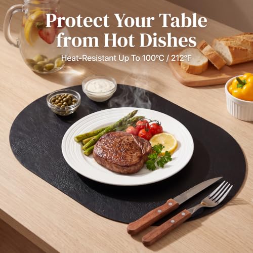 Faux Leather Placemats Set of 6 - Black, Ultra-Thick 2mm, No-Curl Flat Pack