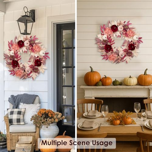 Artificial Fall Wreath with Velvet Pumpkins & Pink Maple Leaves - Red 26 Inch