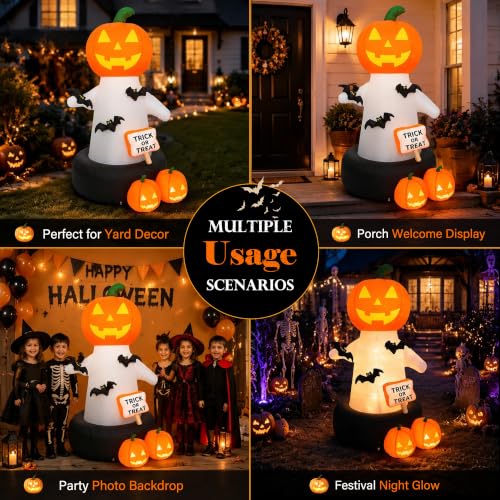 White 6 Ft Tall Halloween Inflatable Pumpkin with Bat & Trick or Treat LED Decor