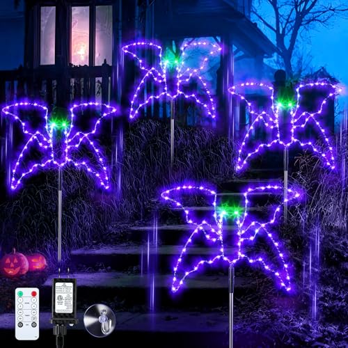 Halloween Bat Pathway Lights Set - 4 Pack Outdoor Decor with Remote & 4 Light Modes