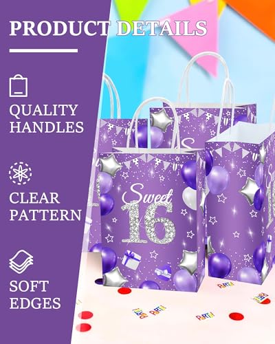 16 Pack Purple Party Favor Bags for Sweet 16 Birthday Decorations Girl - Goody & Treat Bags