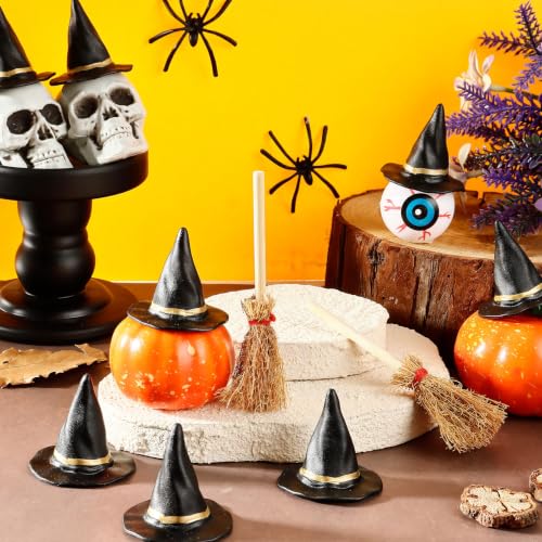 Mini Witch Hat and Broom Set - Halloween Decorations for Cake Toppers & Party Favors