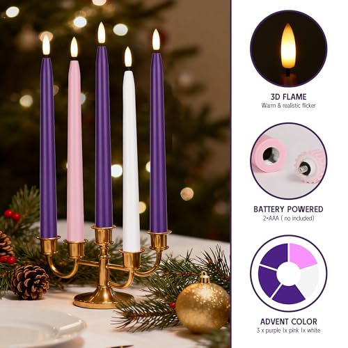 Flameless Advent Candles Set of 5 with Remote Control - Purple, Pink & White