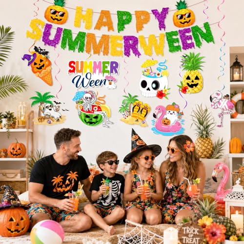 Colorful Summerween Party Decorations Set with Banner & Hanging Swirls