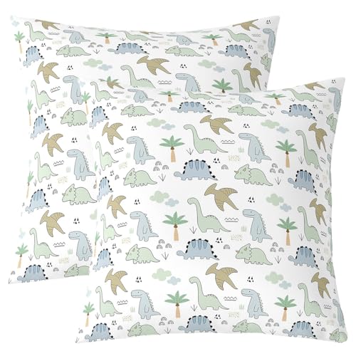 Kids Dinosaur Pillow Cover White 18x18 Inches Pack of 2 - Watercolor Jungle Animals