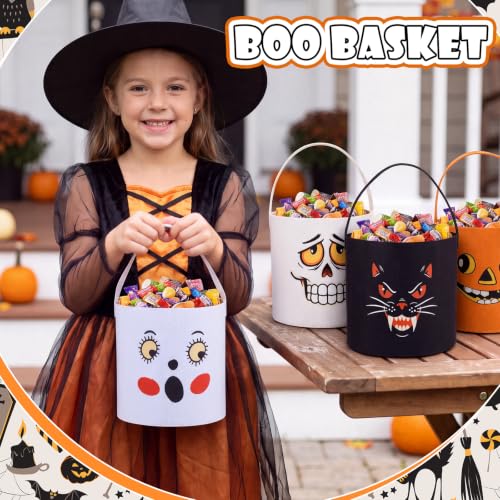 Vivid Style Halloween Candy Baskets Set of 4 with Handles - Ghost, Black Cat, Skeleton Designs