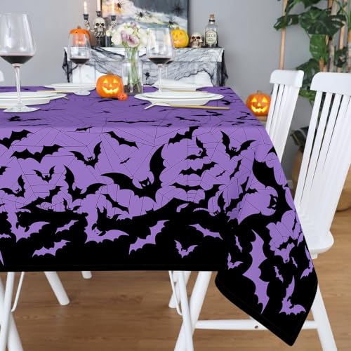 Halloween Bat & Spiderweb Square Tablecloth 52x52 Inch - Purple, Washable