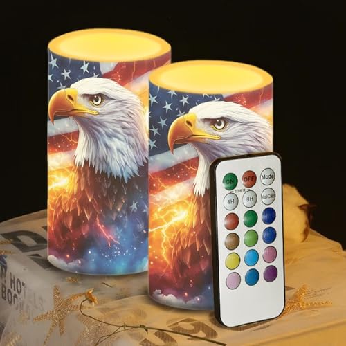 4th of July Indoor Flameless Candles with Eagle American Flag - Remote & Timer Set of 2