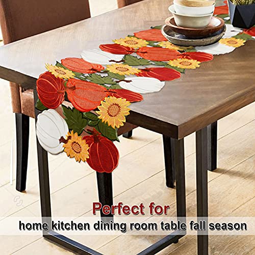 OWENIE Fall Thanksgiving Table Runner 13x90 Inch Embroidered Pumpkins Leaves Sunflowers - Autumn Home Decor