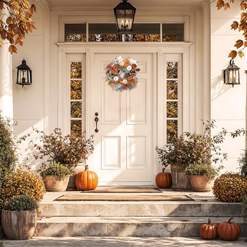 18-Inch Fall Halloween Wreath with Lights - White, Orange & Brown Door Decor