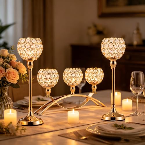 Gold Crystal Candle Holders Set of 3 - 4-inch Crystal Ball Centerpieces with Variation 8.3