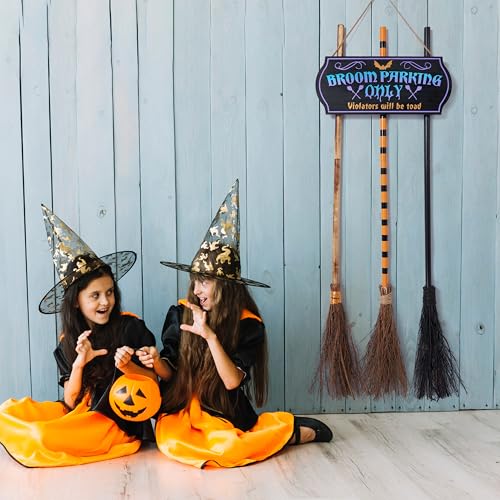 Halloween Broom Parking Sign with Wooden Witch Brooms - Outdoor Porch Decor