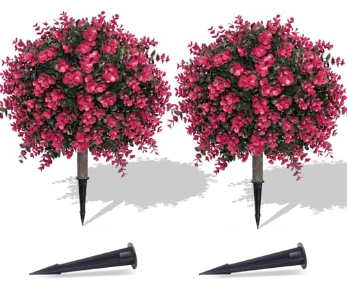 Artificial Topiary Trees Outdoor Faux Bushes Set of 2 - 22in Red Variation