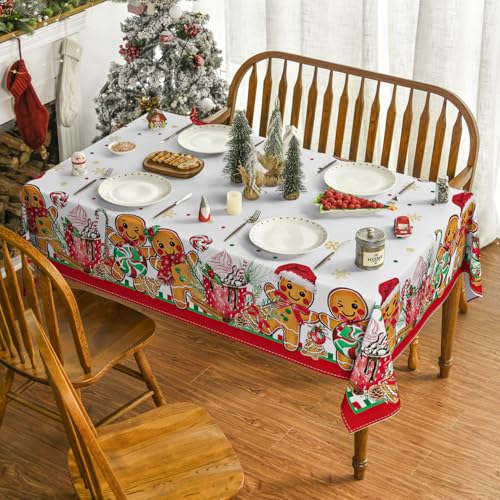 Christmas Tablecloth 60 x 104 Inches Rectangular Gingerbread Man White Red - Holiday Decor
