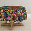 Round Tablecloth 90x90 Inch Black Dia De Los Muertos Design - Durable Polyester