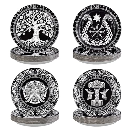 Viking Theme Paper Plates 9-Inch Black & White Set with Tree of Life - Variation of Viking Warrior Theme Round Plates