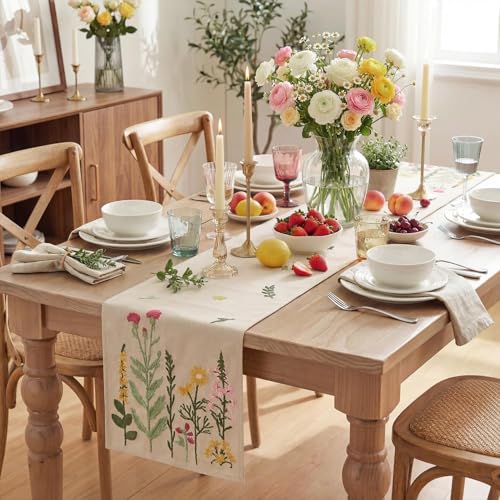 Beige Floral Embroidery Table Runner 13x90 Inch for Kitchen & Dining