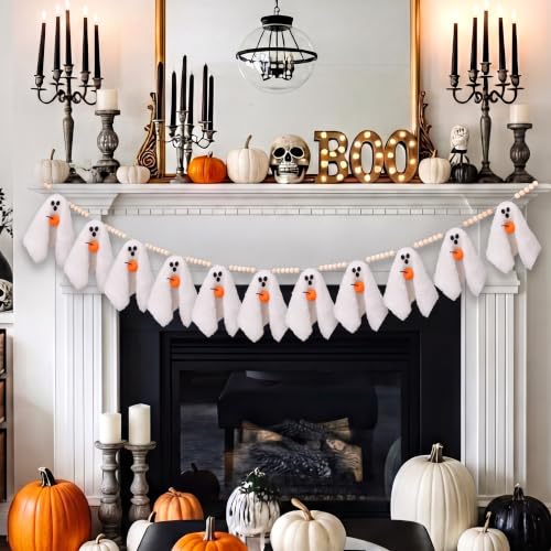 Halloween Ghost Garland - 6.6ft Indoor Mantel & Wall Decor with Wooden Beads