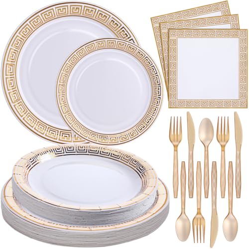 Greek Mythology Party Supplies Set - Gold Theme for 24 Guests, Includes Plates, Napkins, Cutlery, Variations Available