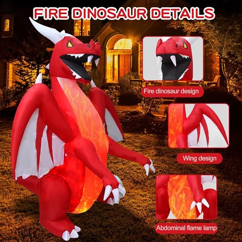 8FT Halloween Inflatable Red Dragon with Flame Lamp - Outdoor Yard Decoration