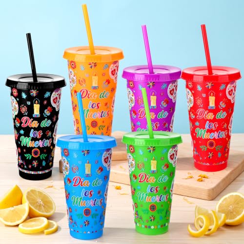 12 Pack Reusable Plastic Day of the Dead Cups with Lids & Straws, 24 oz Fiesta Design