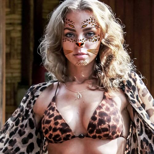 Gold Glitter Leopard Face Temporary Tattoos - 8 Sheets Halloween Costume Makeup for Kids & Adults