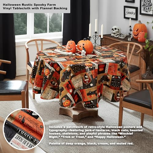 Halloween Rustic Farm Vinyl Tablecloth 70 Inch Round with Flannel Backing - Spooky Farm Design