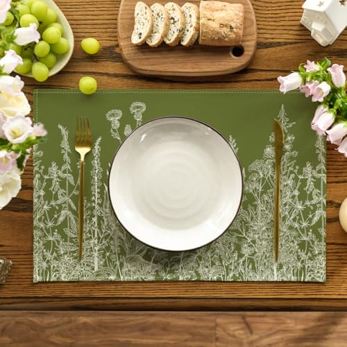 Spring Placemats Set of 4 - 12x18 Inch Green Herb & Flower Table Mats
